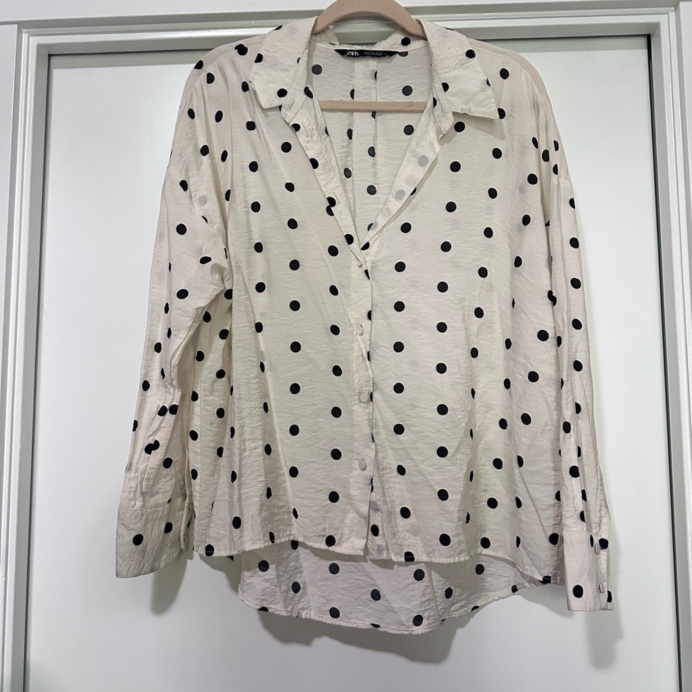 Zara Cream and Black Polka Dot Button-Down Shirt